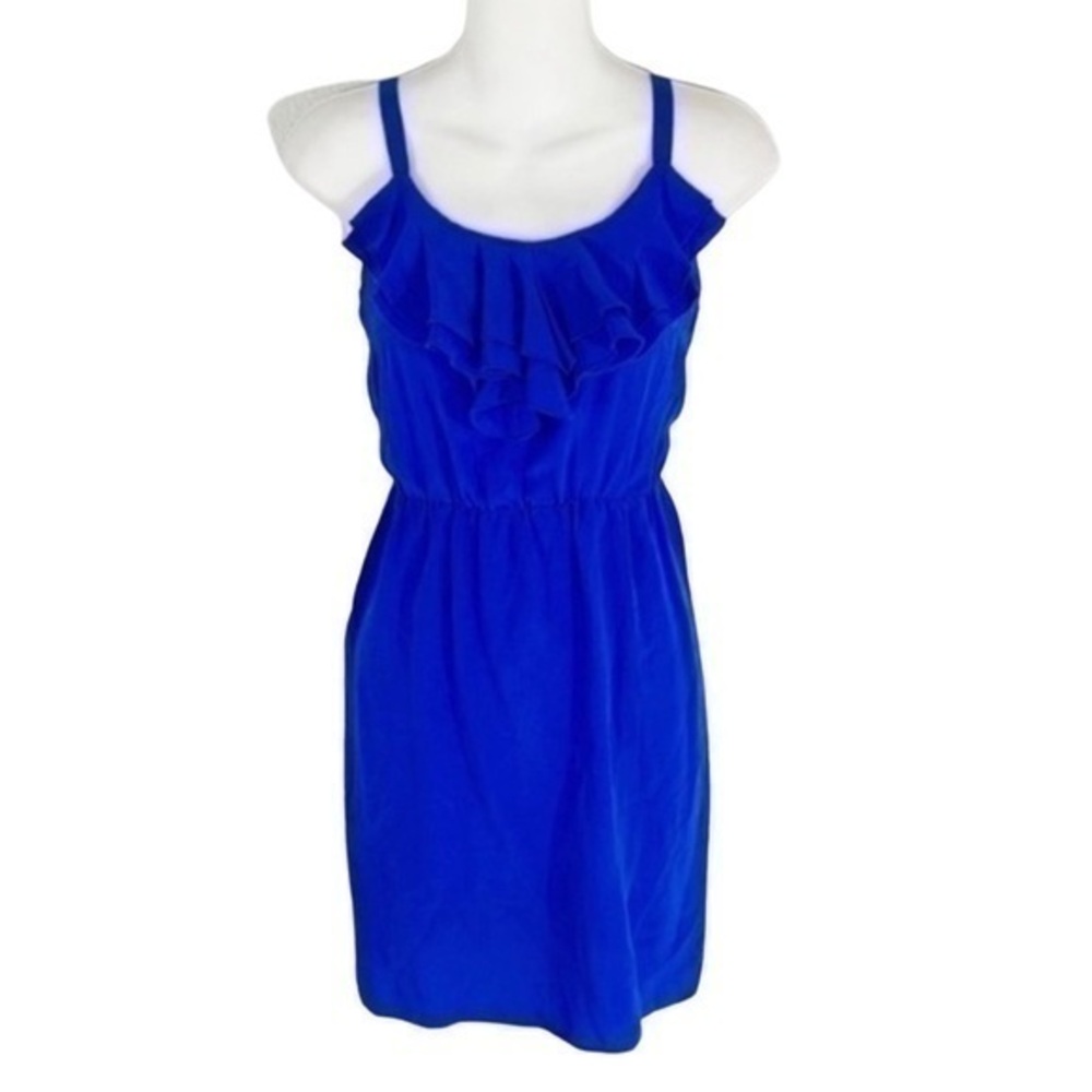 Amanda Uprichard blue ruffle silk blouson dress Q14